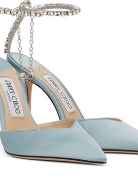 Jimmy Choo Powder Blue Satin Pointed-Toe Pumps with Crystal Ankle Chain